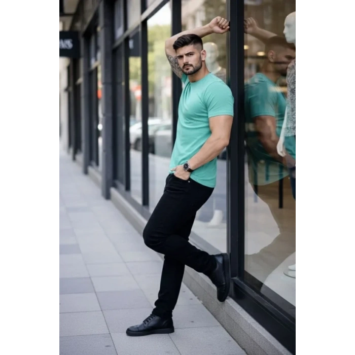 Erkek Thirt Bisiklet Yaka lim Fit Dar Kesim ikralı Tişört Günlük Basic Body  Turkuvaz