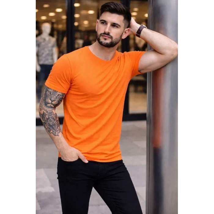 Erkek Thirt Bisiklet Yaka lim Fit Dar Kesim ikralı Tişört Günlük Basic Body  Turuncu