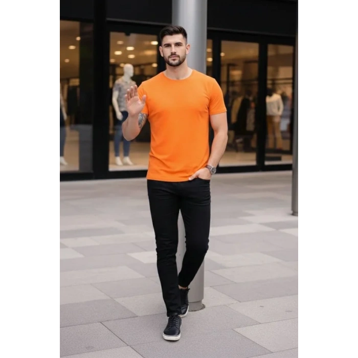 Erkek Thirt Bisiklet Yaka lim Fit Dar Kesim ikralı Tişört Günlük Basic Body  Turuncu