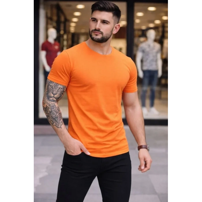 Erkek Thirt Bisiklet Yaka lim Fit Dar Kesim ikralı Tişört Günlük Basic Body  Turuncu