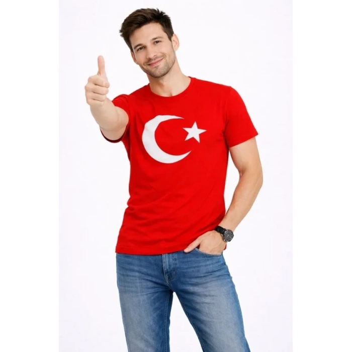 Erkek Thirt Kısa Kol Bisiklet Yaka Ay Yıldız Bayrak Baskılı Tişört  Kırmızı