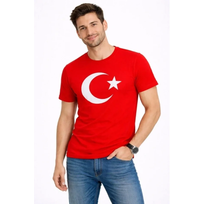 Erkek Thirt Kısa Kol Bisiklet Yaka Ay Yıldız Bayrak Baskılı Tişört  Kırmızı