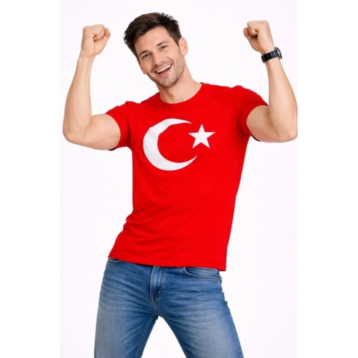 Erkek Thirt Kısa Kol Bisiklet Yaka Ay Yıldız Bayrak Baskılı Tişört  Kırmızı