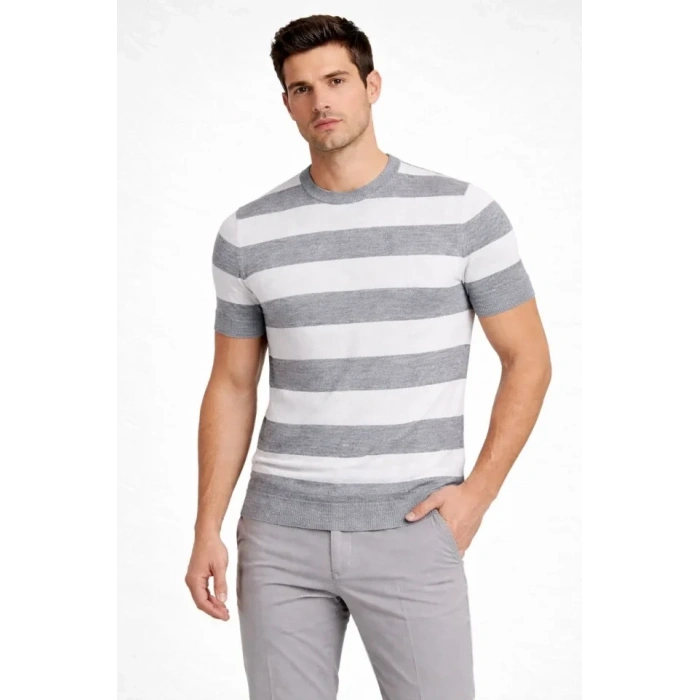 Erkek Tshirt Çizgili Triko Dokuma Bisiklet Yaka Tişört  Gri