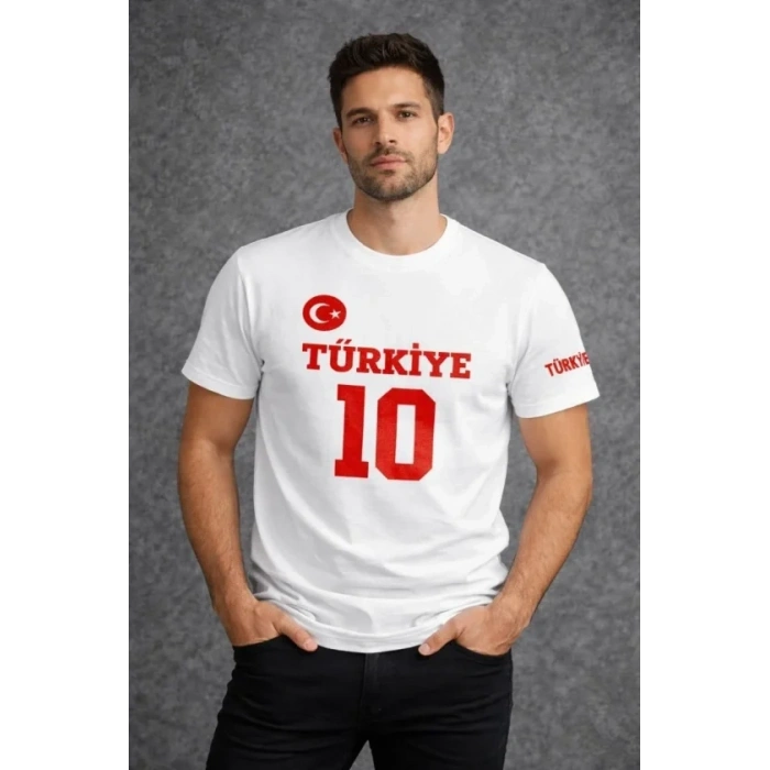 Erkek TÜRKİYE Ay Yıldız Baskılı 10 Numara Forma Tişört Taraftar Thirt  Beyaz