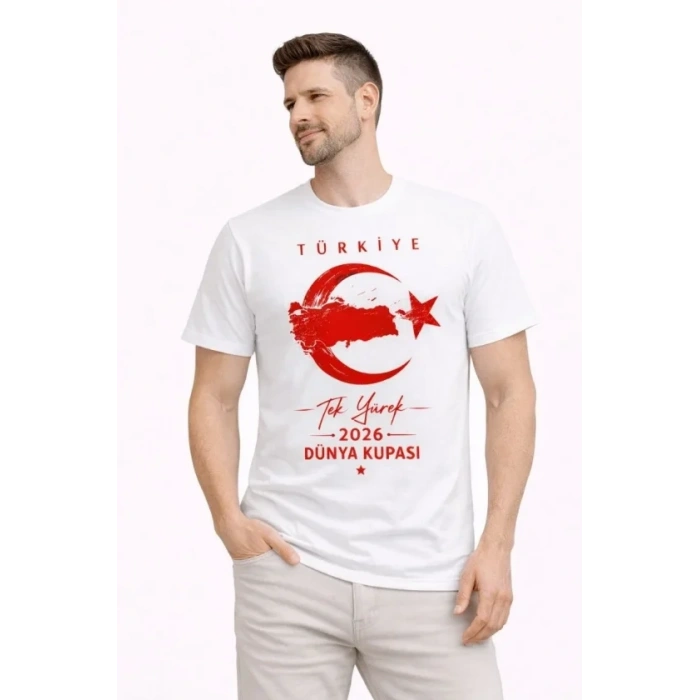 Erkek TÜRKİYE Ay Yıldız Baskılı Taraftar Forma Thirt  Beyaz
