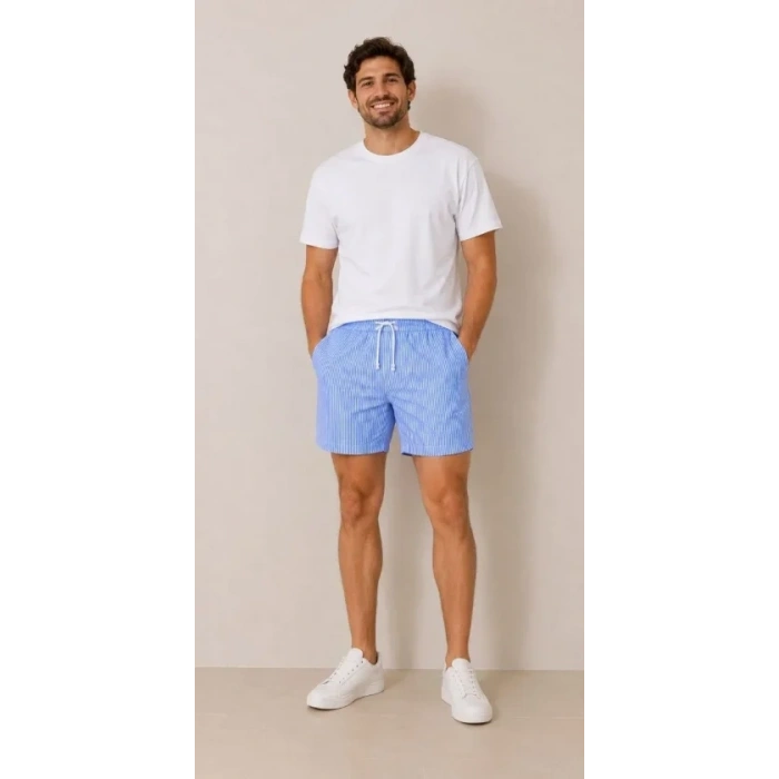 ERKEK u Yolu Çizgili Şort Ön Arka Cepli astikli Bel Regular Fit Yazlık Şort  avi