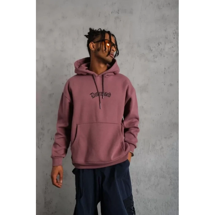 Erkek Üç İplik Baskılı Kapüşonlu weat  Gül Kurusu