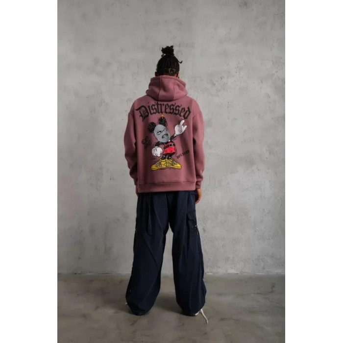 Erkek Üç İplik Baskılı Kapüşonlu weat  Gül Kurusu