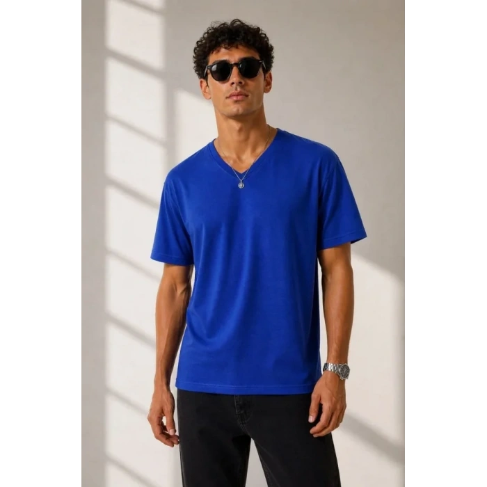 Erkek V Yaka Basic Tişört Kısa Kol Yazlık Regular Fit Thirt  aks avisi