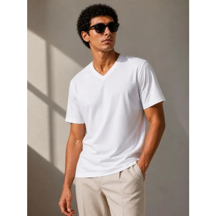 Erkek V Yaka Basic Tişört Kısa Kol Yazlık Regular Fit Thirt  Beyaz