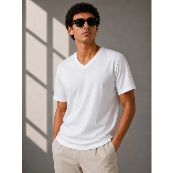 Erkek V Yaka Basic Tişört Kısa Kol Yazlık Regular Fit Thirt  Beyaz