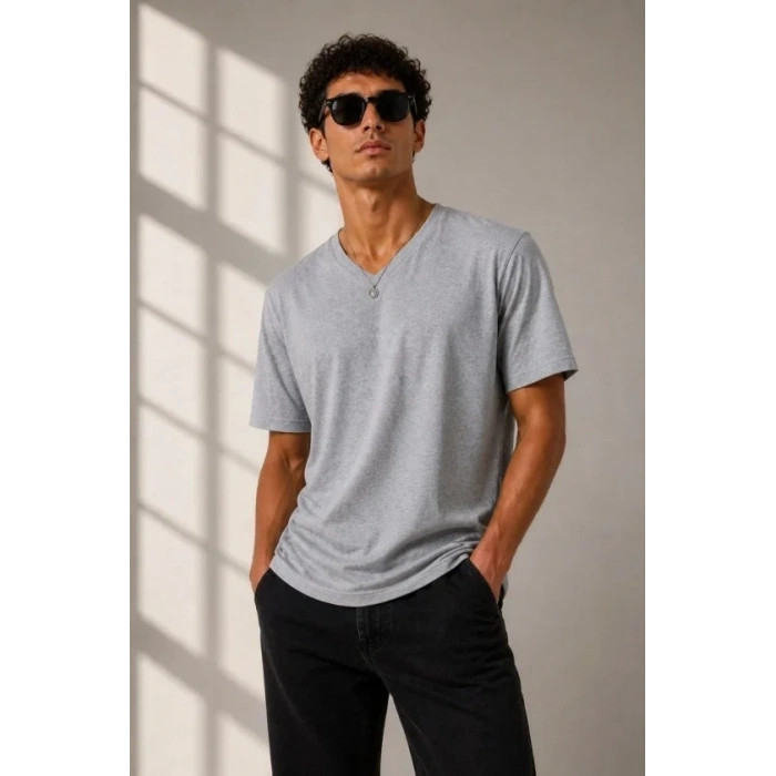 Erkek V Yaka Basic Tişört Kısa Kol Yazlık Regular Fit Thirt  Gri