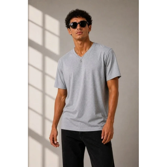Erkek V Yaka Basic Tişört Kısa Kol Yazlık Regular Fit Thirt  Gri