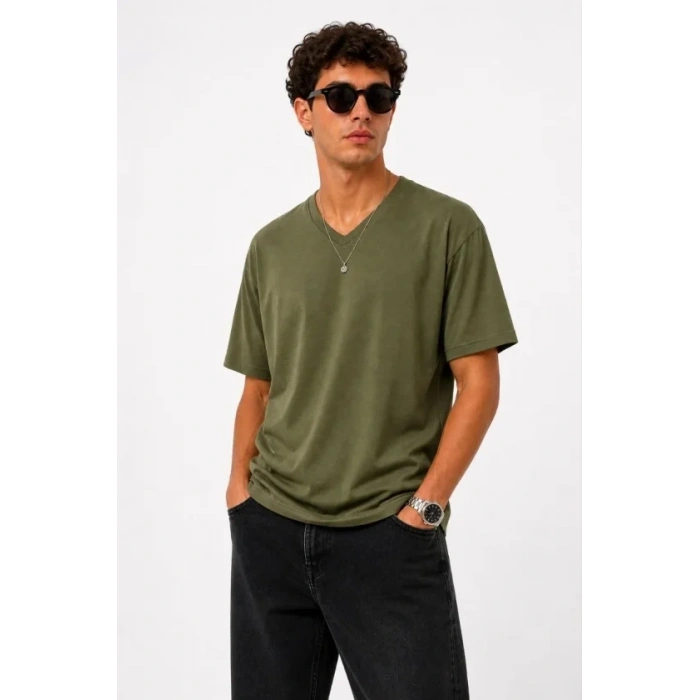 Erkek V Yaka Basic Tişört Kısa Kol Yazlık Regular Fit Thirt  Haki