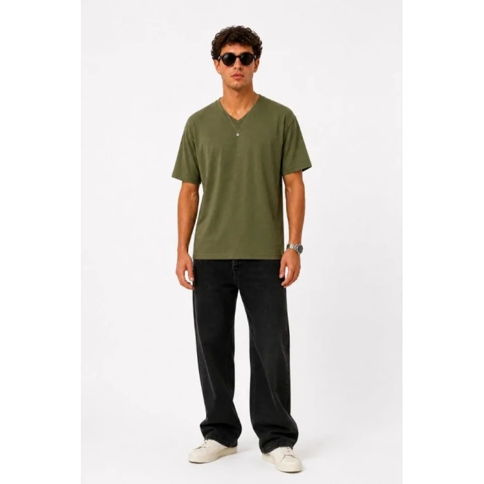 Erkek V Yaka Basic Tişört Kısa Kol Yazlık Regular Fit Thirt  Haki