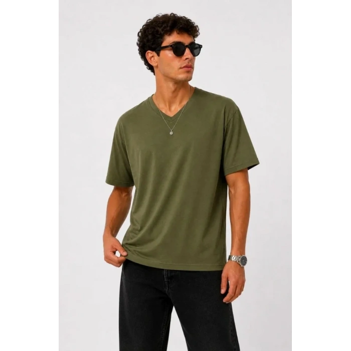 Erkek V Yaka Basic Tişört Kısa Kol Yazlık Regular Fit Thirt  Haki