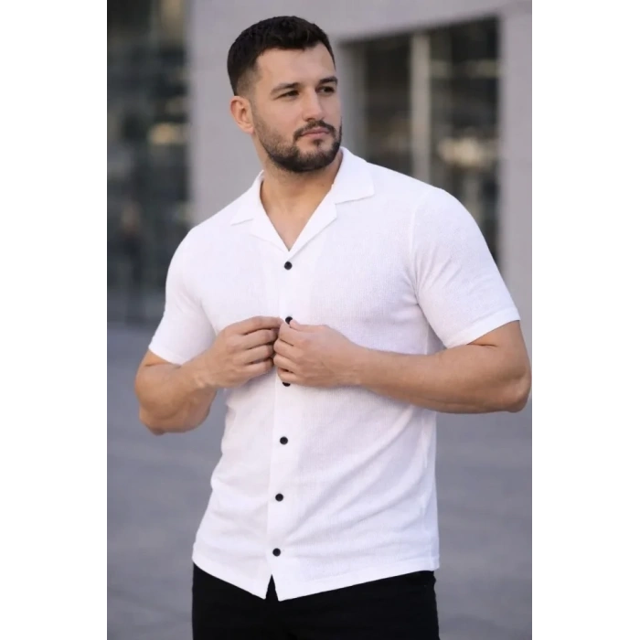 Erkek Waffle Dokuma Açık Yakalı Düğmeli Regular Kalıp 2’li Gömlek eti  Beyaz  Gri