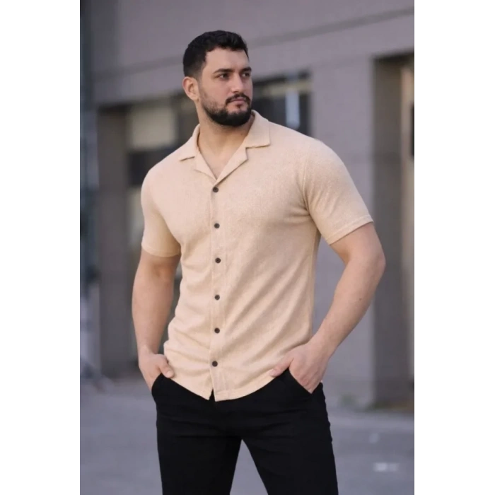 Erkek Waffle Dokuma Açık Yakalı Düğmeli Regular Kalıp 2’li Gömlek eti  Haki  Bej