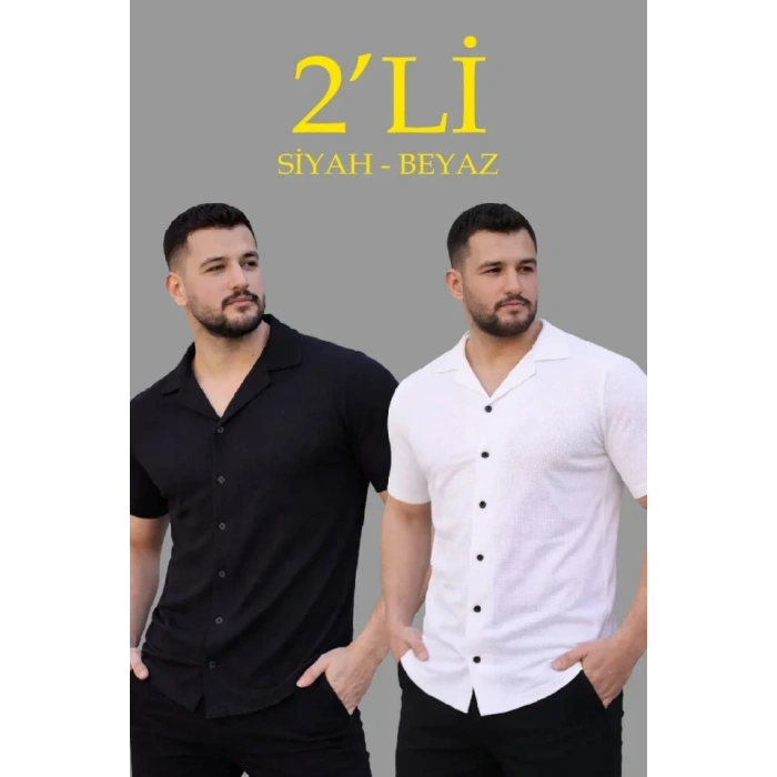 Erkek Waffle Dokuma Açık Yakalı Düğmeli Regular Kalıp 2’li Gömlek eti  iyah  Beyaz