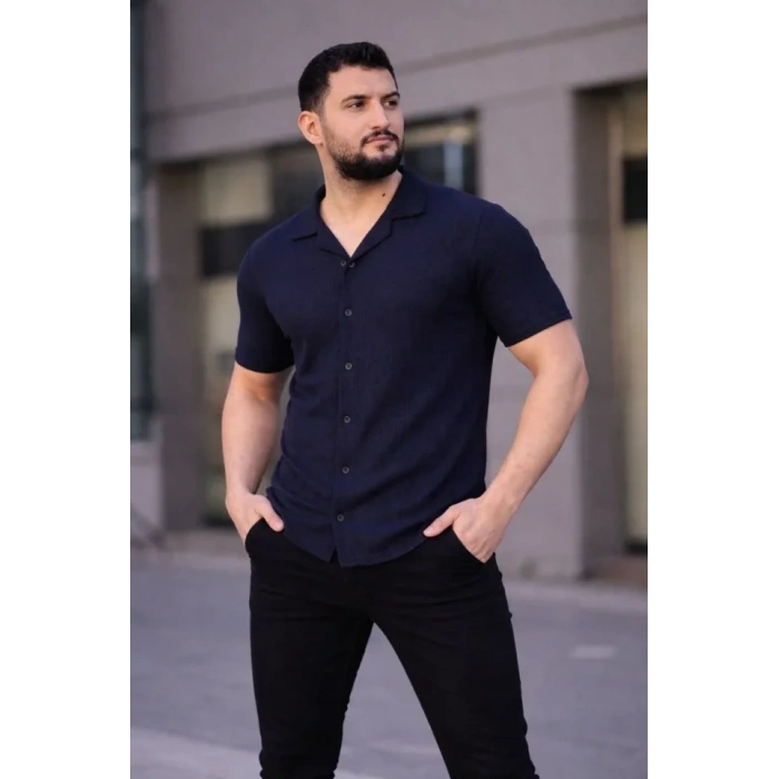 Erkek Waffle Dokuma Açık Yakalı Düğmeli Regular Kalıp 3’lü Gömlek eti  iyah, Haki, acivert