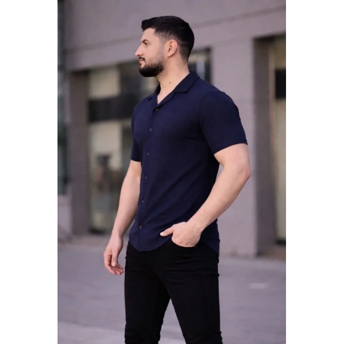 Erkek Waffle Kumaş Kısa Kollu Düğmeli Açık Yaka Regular Fit Gömlek  acivert