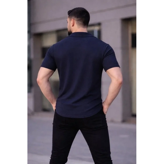 Erkek Waffle Kumaş Kısa Kollu Düğmeli Açık Yaka Regular Fit Gömlek  acivert