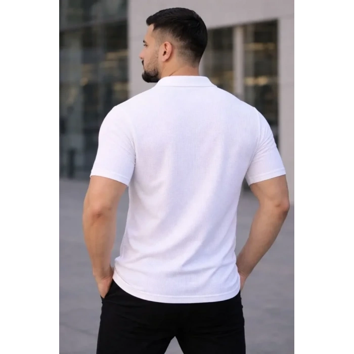 Erkek Waffle Kumaş Kısa Kollu Düğmeli Açık Yaka Regular Fit Gömlek  Beyaz