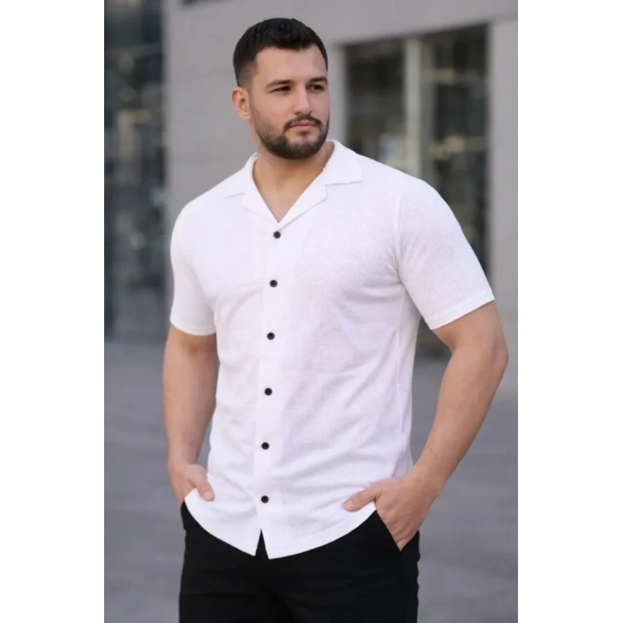 Erkek Waffle Kumaş Kısa Kollu Düğmeli Açık Yaka Regular Fit Gömlek  Beyaz