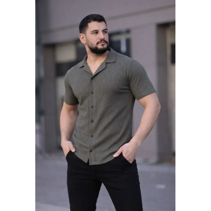 Erkek Waffle Kumaş Kısa Kollu Düğmeli Açık Yaka Regular Fit Gömlek  Haki