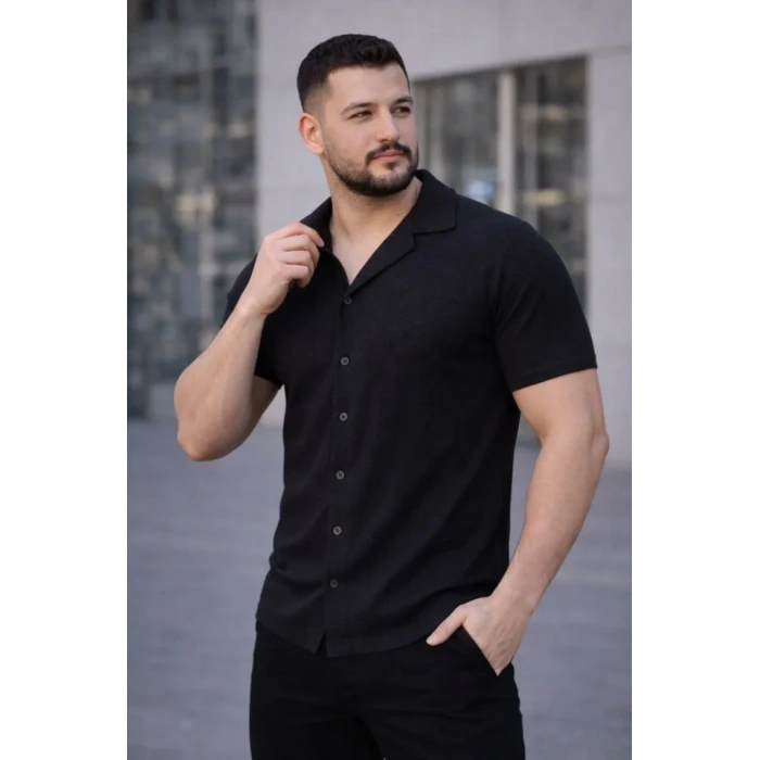 Erkek Waffle Kumaş Kısa Kollu Düğmeli Açık Yaka Regular Fit Gömlek  iyah