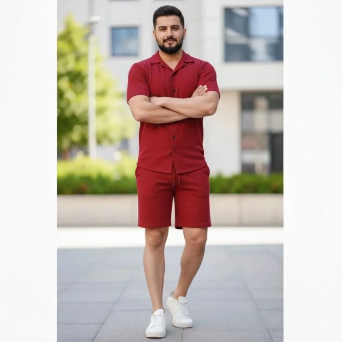 Erkek Waffle Kumaş Kısa Kollu Gömlek Şort Takım Regular Fit Yazlık İkili et  Bordo