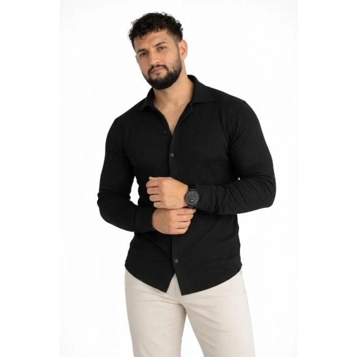 Erkek Waffle Kumaş Uzun Kollu Düğmeli Açık Yaka Regular Fit Gömlek  iyah