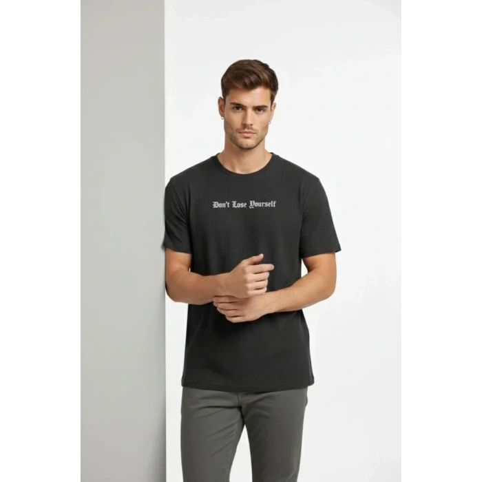 Erkek Wafıl Kumaş Tişört Regular Kalıp Bisiklet Yaka Baskılı Günlük Basic Thirt  iyah