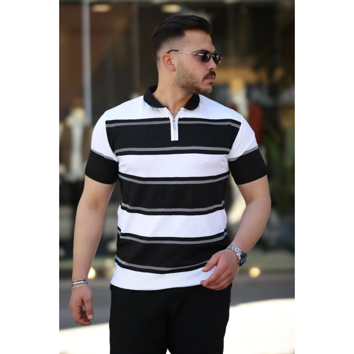 Erkek Yakalı Fermuarlı çift Renk Kısa Kollu Tshirt