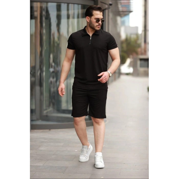Erkek Yakalı Fermuarlı Tshirt şort Ikili Takım