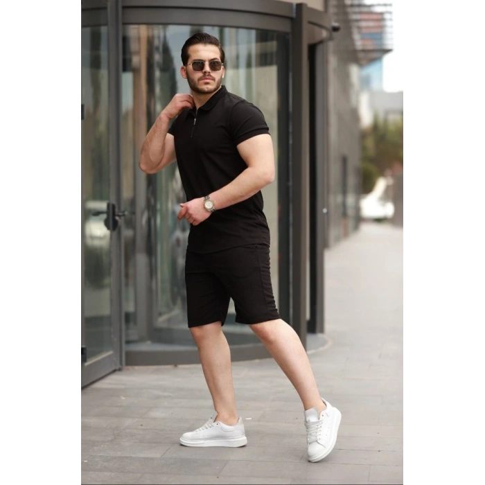 Erkek Yakalı Fermuarlı Tshirt şort Ikili Takım