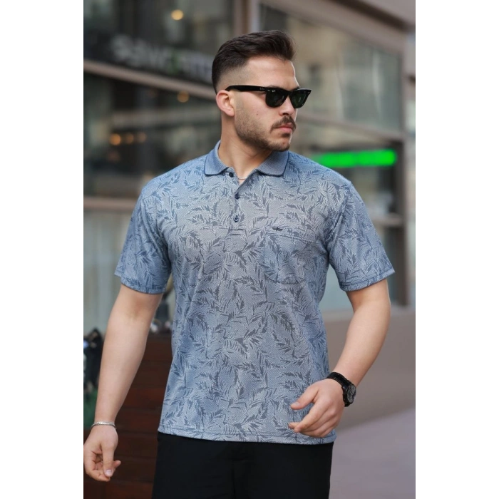 Erkek Yakalı Jakar Baskılı Kısa Kollu Tshirt