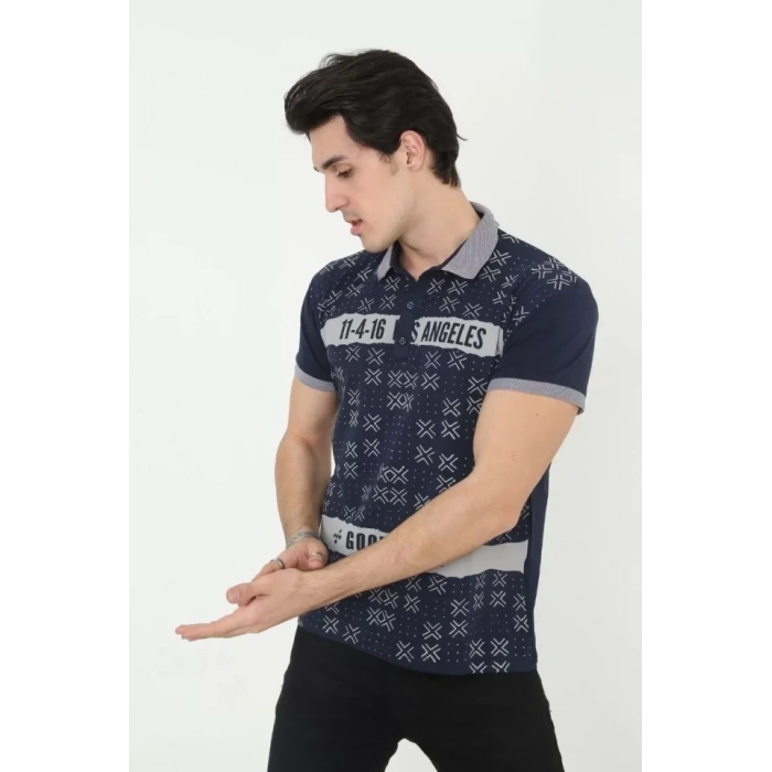 Erkek Yakalı lim Fit Baskılı Thirt  acivert