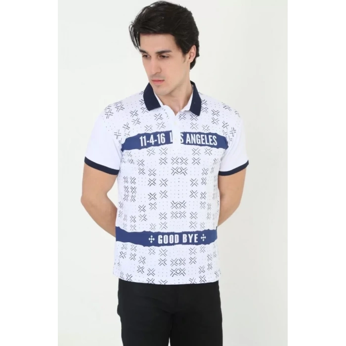 Erkek Yakalı lim Fit Baskılı Thirt  Beyaz