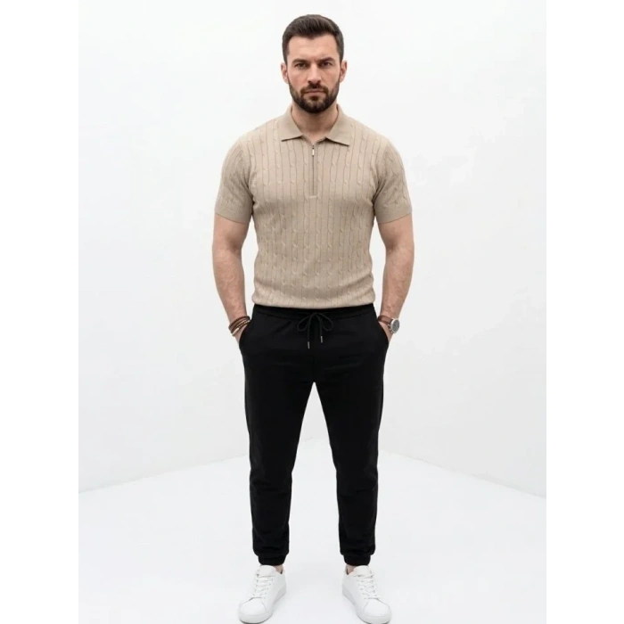 Erkek Yazlık Triko aç Örgü Tişört Kısa Kol Polo Yaka Fermuarlı Thirt  Bej