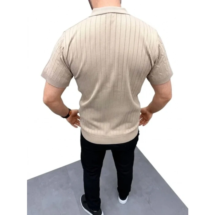 Erkek Yazlık Triko aç Örgü Tişört Kısa Kol Polo Yaka Fermuarlı Thirt  Bej