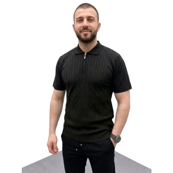Erkek Yazlık Triko aç Örgü Tişört Kısa Kol Polo Yaka Fermuarlı Thirt  iyah