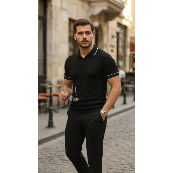 Erkek Zikzak Dokulu Yakalı Kısa Kollu Triko