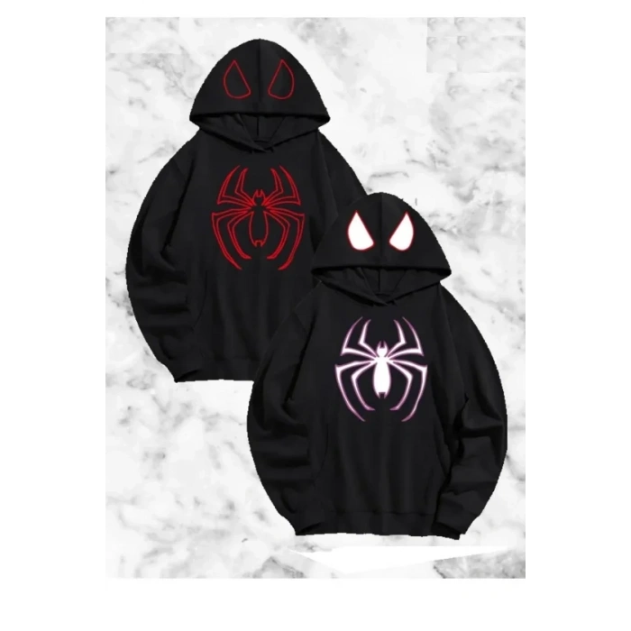 evgili Çift Kombini Örümcek Baskılı Kapüşonlu weatshirt Hoodie  iyah