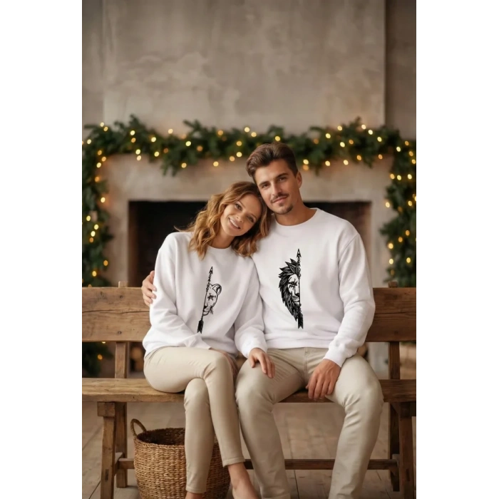 evgililer Günü Özel Bisiklet Yaka Aslan Baskılı Oversize weatshirt  Beyaz