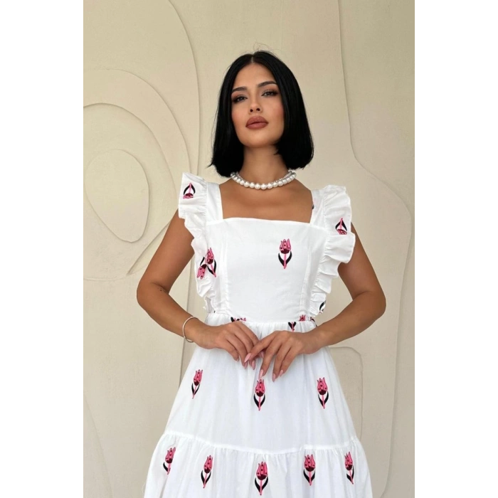 Fuşya Sıfır Kol Fırfırlı Elbise