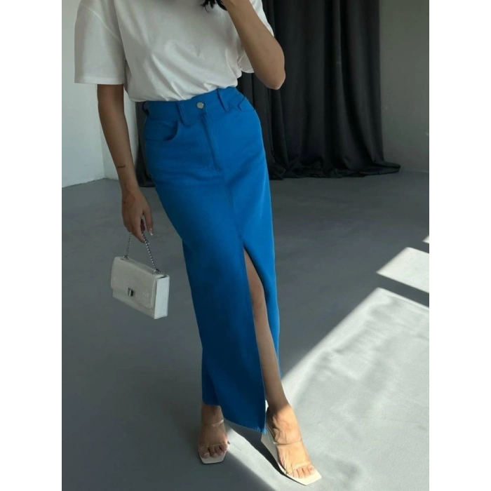 GABARDİN UZUN ÖNDEN YIRTMAÇLI ETEK  aks