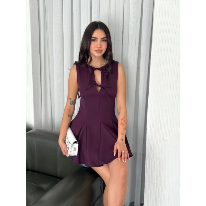 Göğüs Bağlamalı Kolsuz ini Boy Elbise  Gül Kurusu