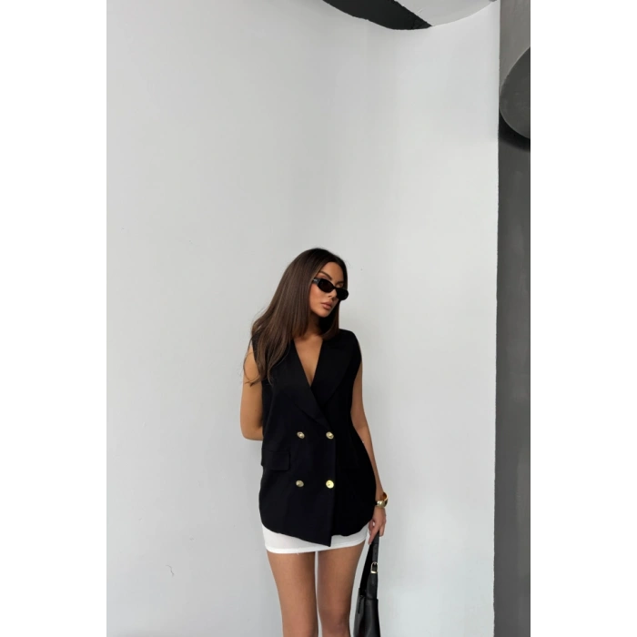GOLD DÜĞELİ KETEN YELEK  Siyah